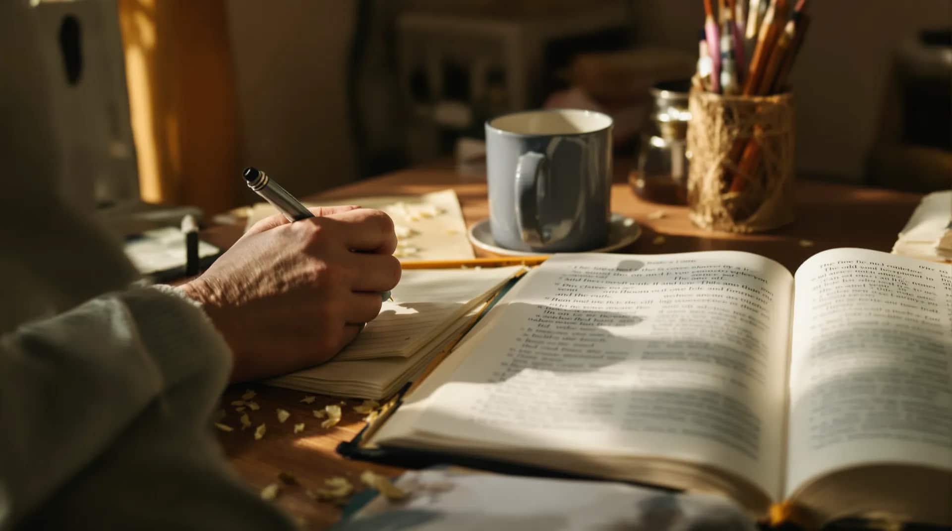 Dłoń pisząca w notatniku obok otwartej Biblii