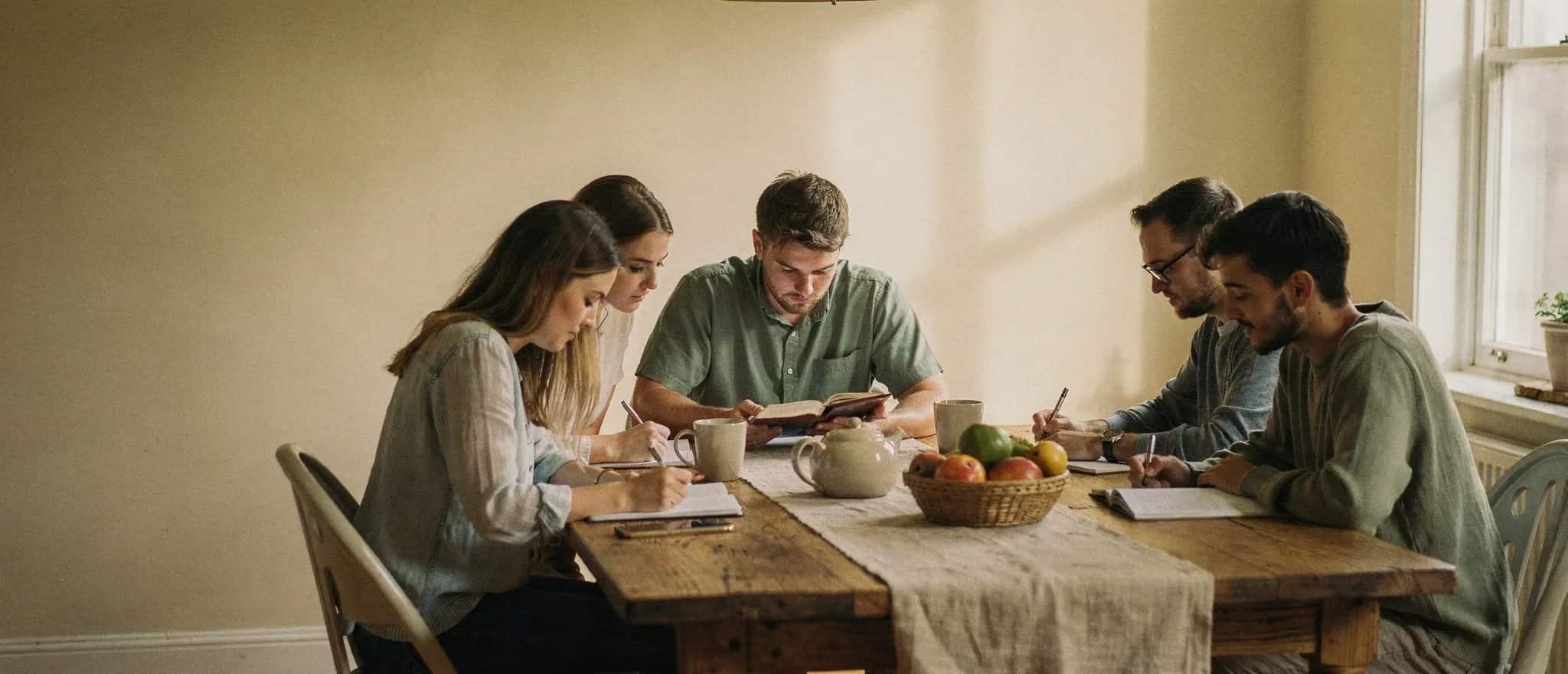 Spotkanie grupy domowej przy stole z otwartą Biblią