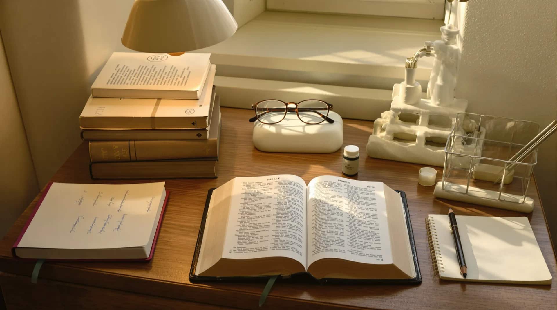 Otwarta Biblia, książki i notatnik na biurku