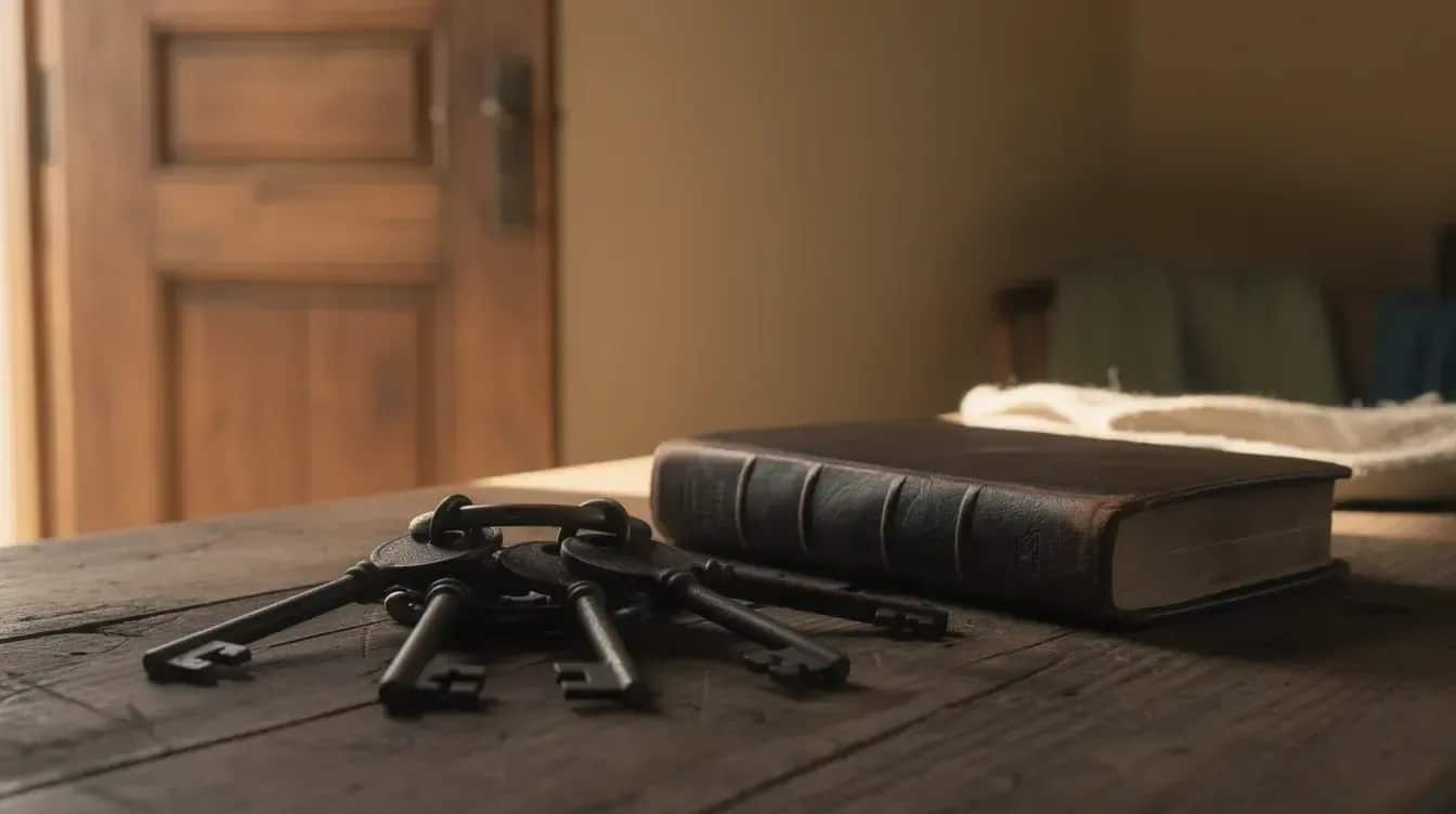 Pęk starych żelaznych kluczy na dębowym stole obok zamkniętej Biblii, w tle uchylone drzwi