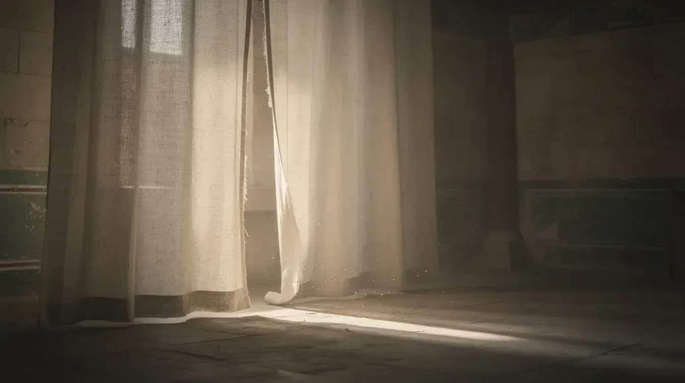 Ciężka lniana zasłona rozdarta od góry do dołu, przez rozdarcie wpada światło