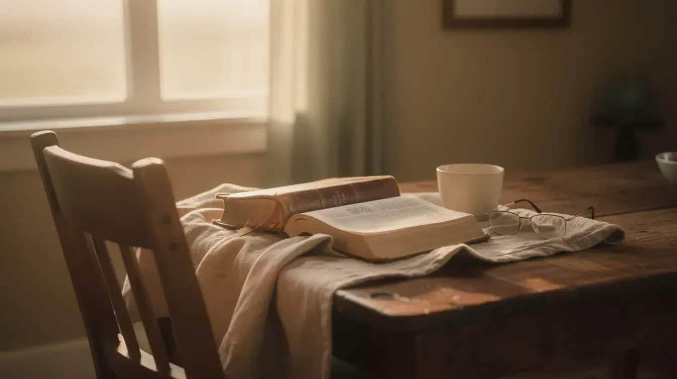 Otwarta Biblia na lnianej serwecie, na dębowym stole przy oknie o poranku