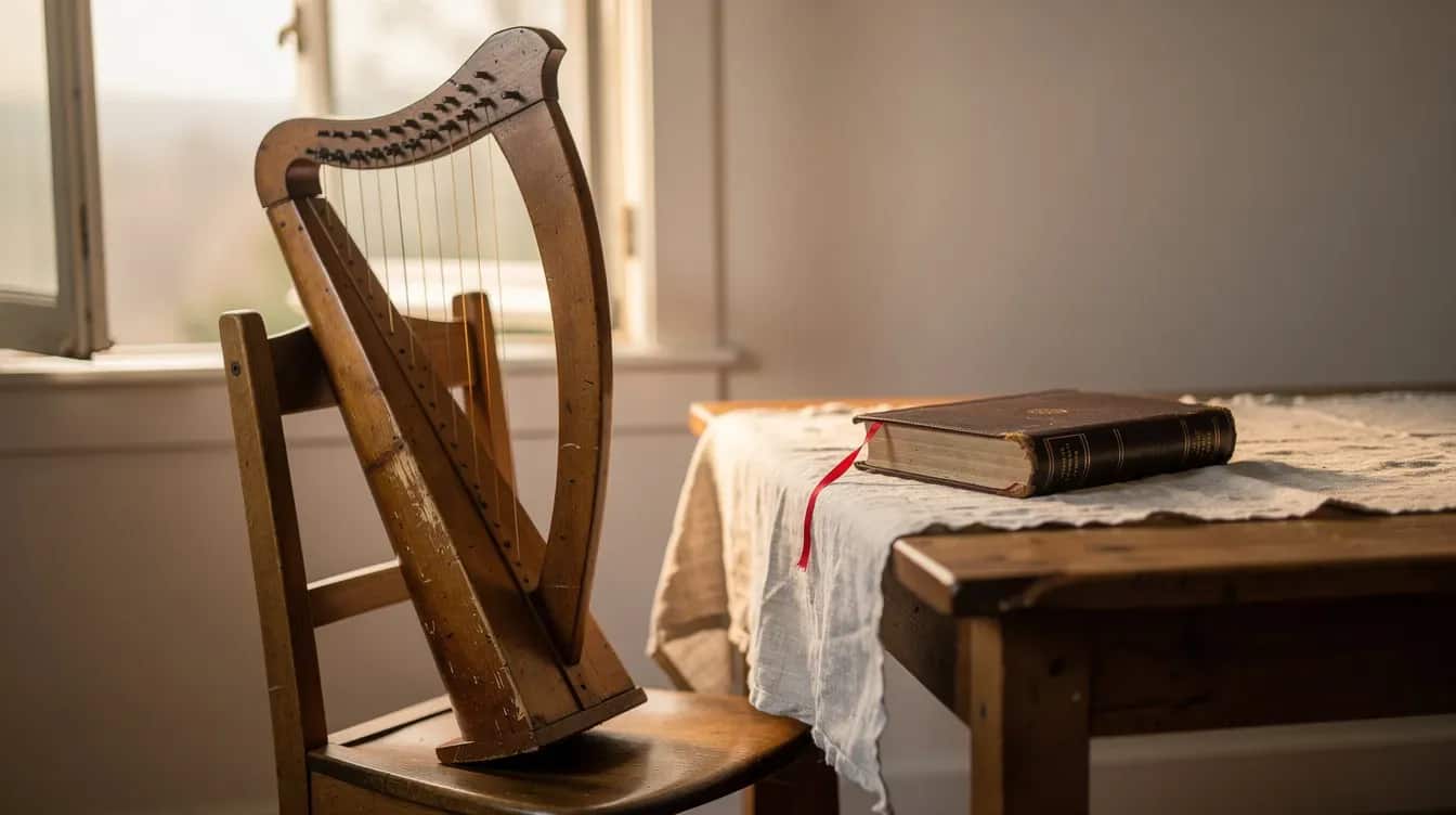 Drewniana harfa oparta o krzesło przy oknie, obok na lnianej serwecie zamknięta Biblia z czerwoną wstążką
