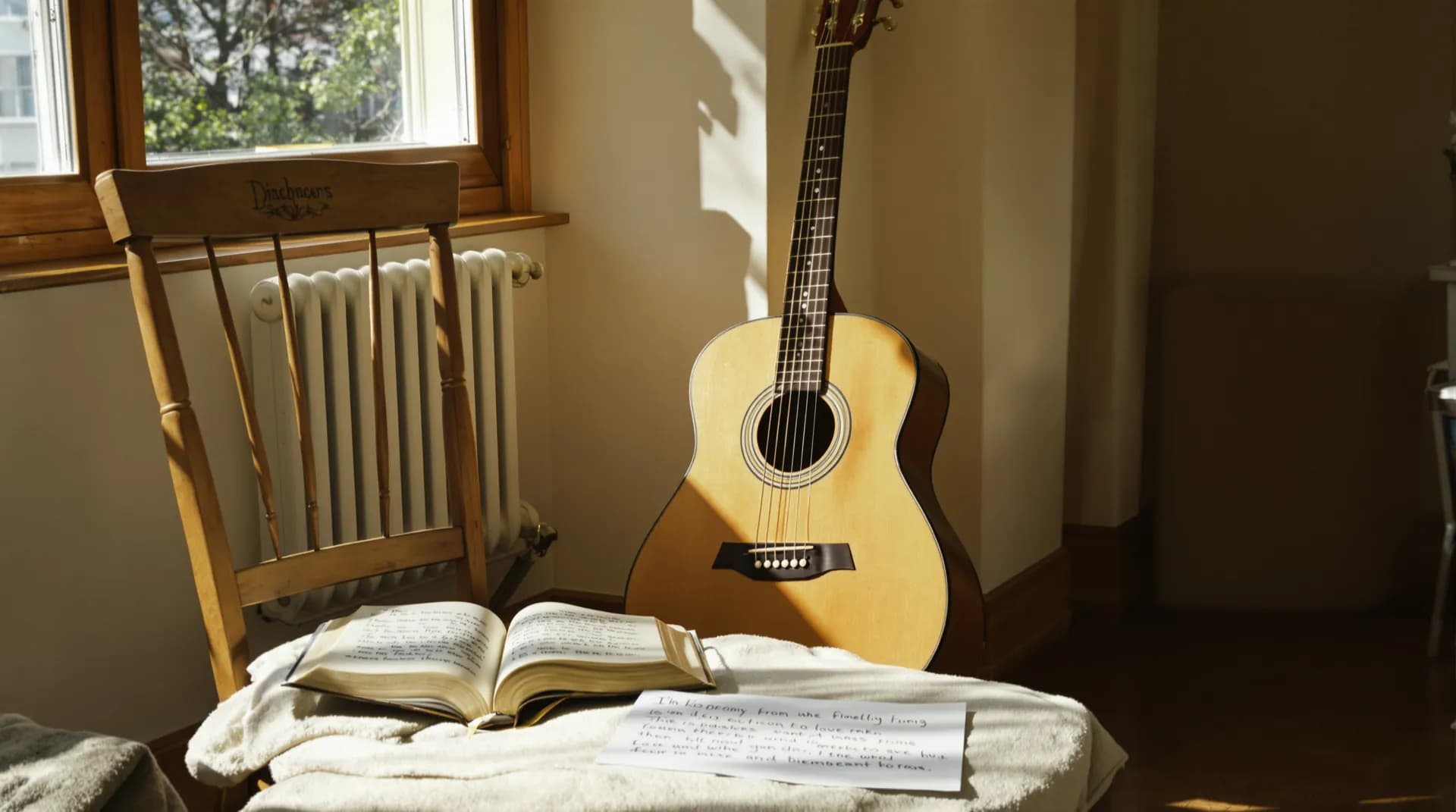 Gitara akustyczna i otwarty śpiewnik przy oknie