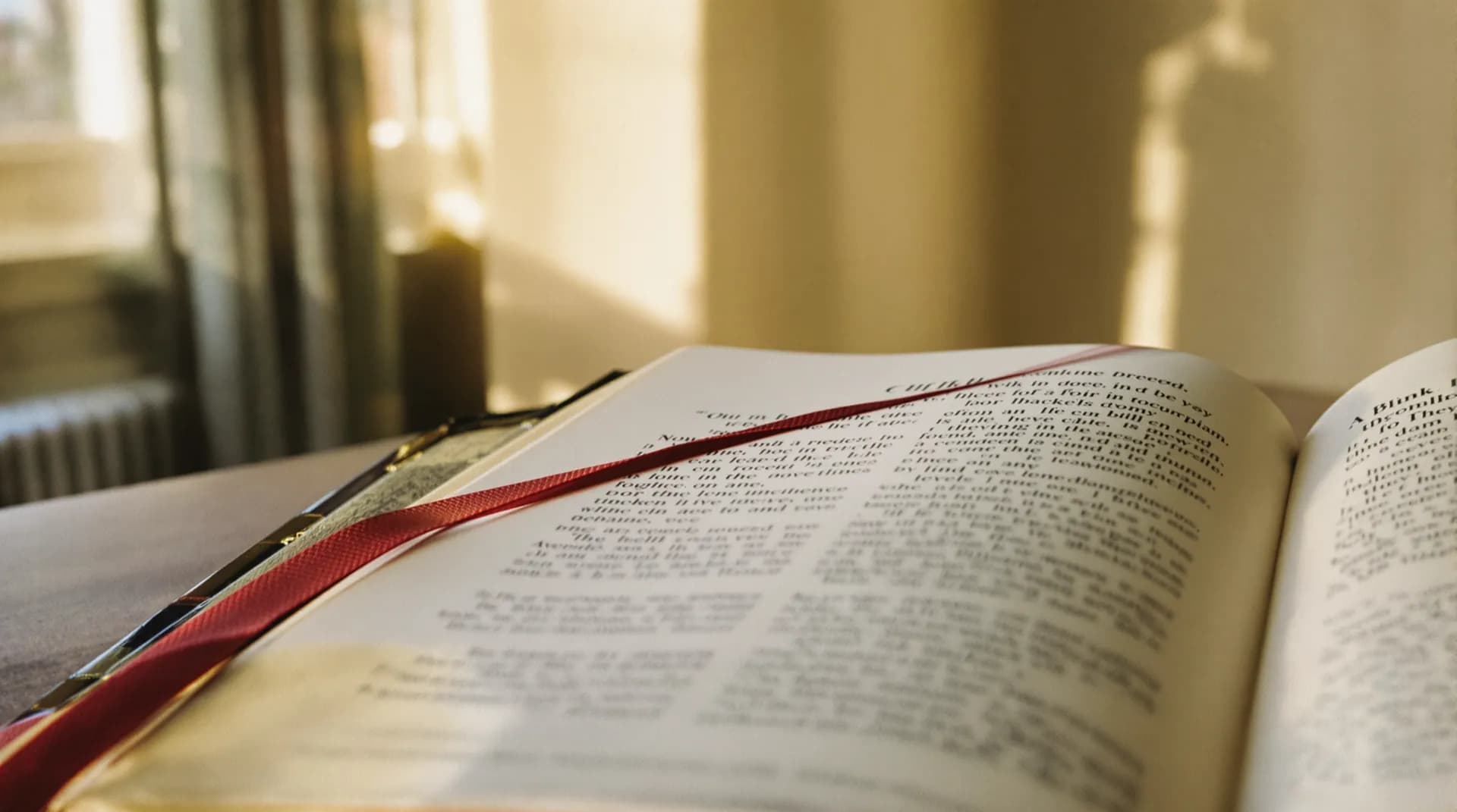 Otwarta Biblia z czerwoną zakładką w świetle okna