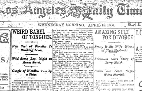 Pierwsza strona Los Angeles Daily Times z 18 kwietnia 1906 z nagłówkiem Weird Babel of Tongues