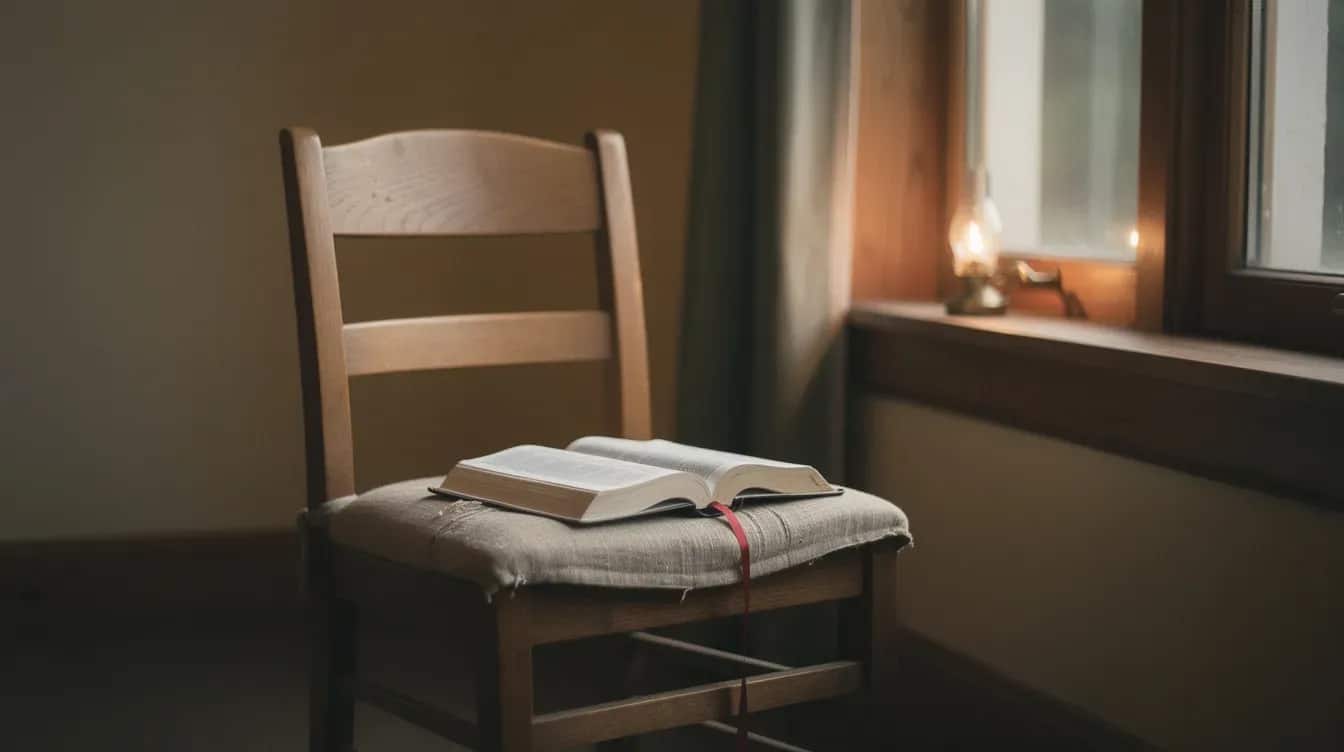 Puste drewniane krzesło zwrócone do okna, na lnianej poduszce otwarta Biblia z czerwoną wstążką